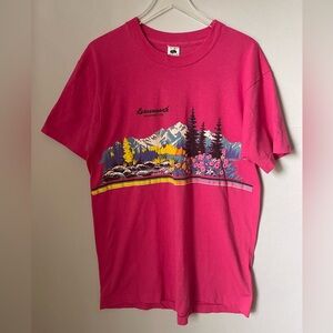 Single Stitch Landscape Wrap Around Image on Pink Fruit Of The Loom T Shirt L